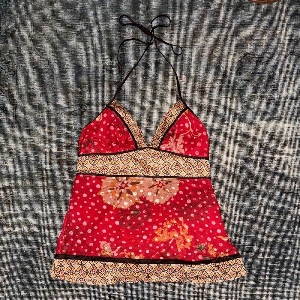 Floral Halter Top with Geometric Trim